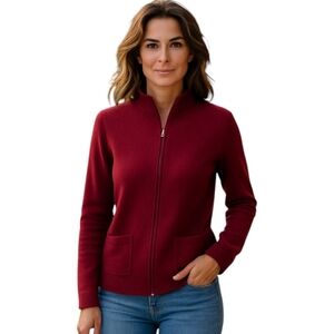 Vtg J. Crew 100% wool wine cardigan sweater zip front warm classic sz S